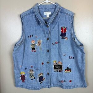 Vtg Y2K CJ Banks Denim Vest Button Up Embroidered School Teacher Kids Sz 24W